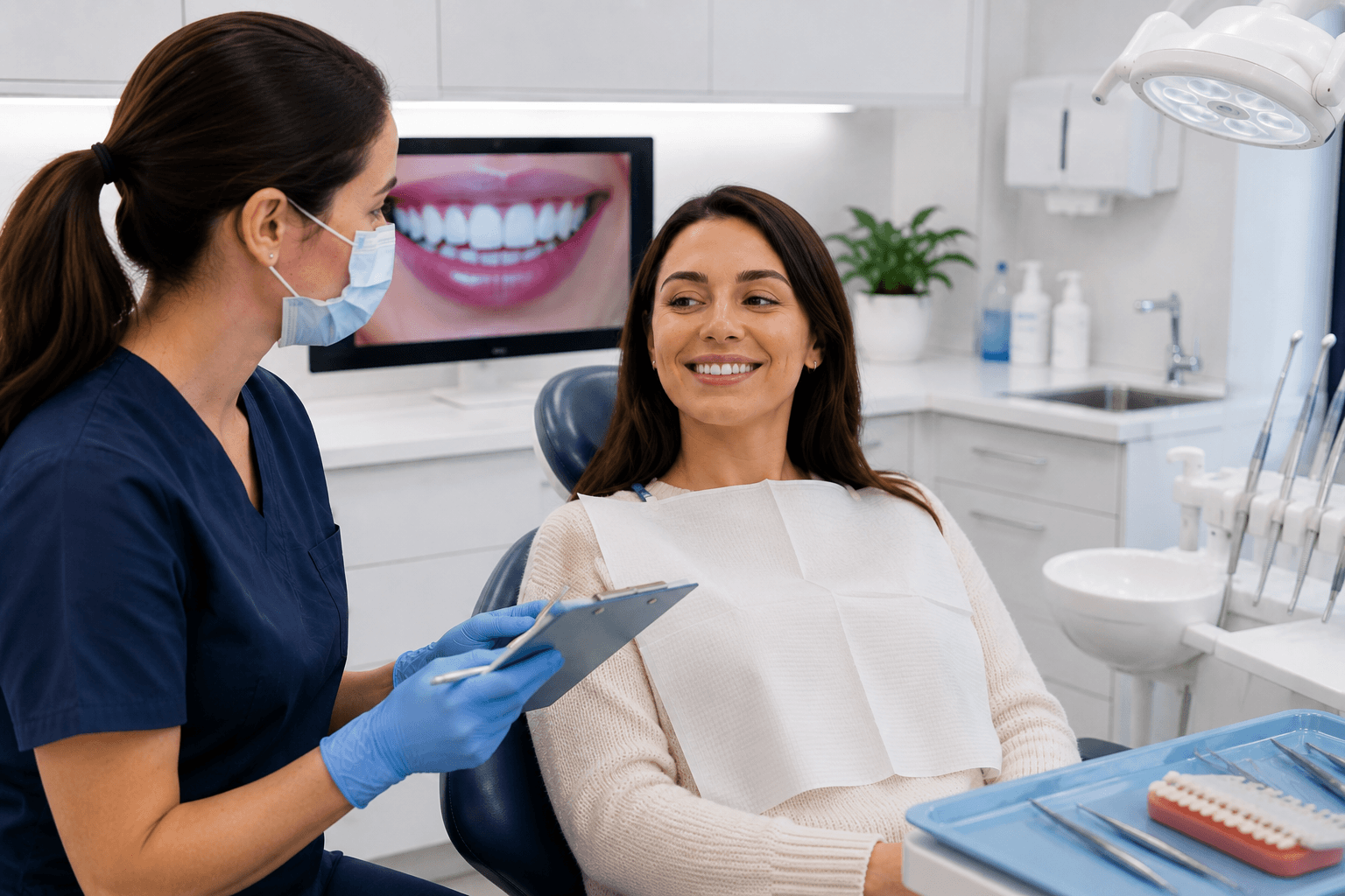 Dentist assessing teeth suitability and patient candidacy for professional Teeth Whitening treatment